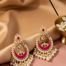 PANASH Gold Plated Artificial Stones Studded & Beaded Crescent Shaped Chandbalis image 1