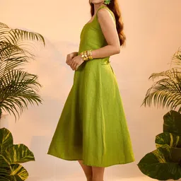 dhaaga Mira Women Linen Square Neck A-Line Midi Dresses image 4