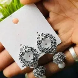 MADDY SPACE Set Of 6 Silver-Plated Artifical Beaded Dome Shaped Oxidised Jhumkas image 2