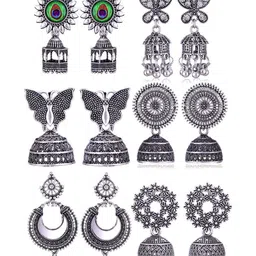 MEENAZ Set Of 6 Silver-Plated Oxidized Dome Shaped Jhumkas-picture-31