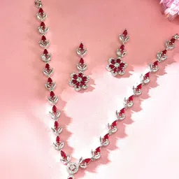 VOJ Silver-Plated Stainless Steel American Diamond Studded Necklace And Earrings-image-63