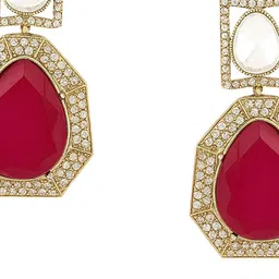 TJC Unisex Gold Plated Artificial Stones Studded Teardrop Shaped Drop Earrings image 3