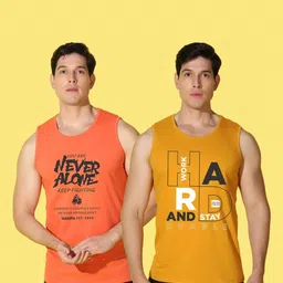 WOOSTRO Men Pack of 2 Typography Printed Round Neck Cotton Slim Fit Sports T-shirts image 4