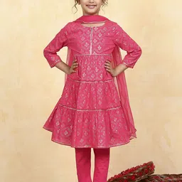 Biba Girls Floral Printed Regular Pure Cotton Kurta with Churidar & Dupatta-picture-32