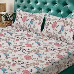 KLOTTHE Pink Floral 300 TC Double Size Fine Bedsheet With Pillow Covers - 98 x 88 In image 3