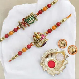 MEIRA JEWELLERY Set Of 2 Stone-Studded & Beaded Rakhi With Greeting Card Gift Set-picture-37