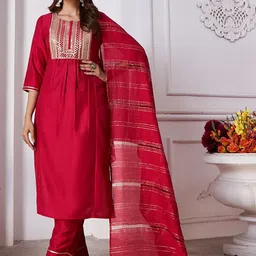 Rujave Women Paisley Yoke Design Regular Pure Silk Kurta with Trousers & With Dupatta-picture-18