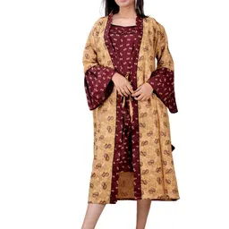 CLYMAA Beige Pure Cotton Maxi Printed Nightdress-image-51