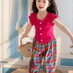 LULU & SKY Girls Round Neck Puffed Sleeves Top With Checked Joggers image 4