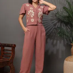 JAKANARY Embroidered V-Neck Top With Trousers Co-Ords-picture-17