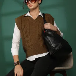 Roadster Women Cable Knit Woollen Sweater Vest-image-88