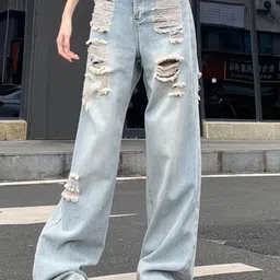StyleCast Women Wide Leg High-Rise Mildly Distressed Light Fade Stretchable Jeans-image-77
