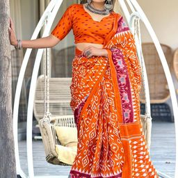 Suha Orange Pure Cotton Printed Block Print Sarees-picture-36