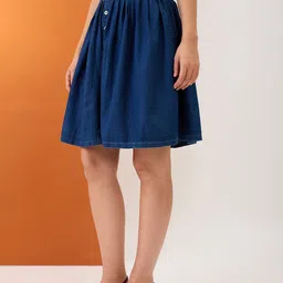 Globus High-Rise Pleated Button-Down Above Knee Flared Denim Skirt image 2