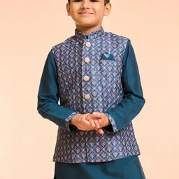 Manyavar Boys Mandarin Collar Art Silk Kurta With Pyjamas And Jacket image 2