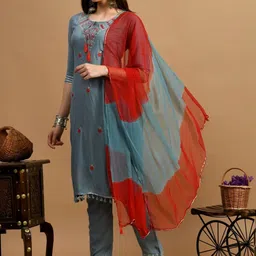 KALINI Women Ethnic Motifs Embroidered Regular Mirror Work Kurta with Trousers & With Dupatta image 5