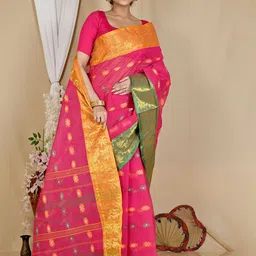 PuJoy Floral Zari Pure Cotton Taant Saree image 5