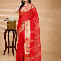 PuJoy Woven Design Zari Pure Cotton Taant Saree image 2