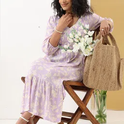Mustard Women Floral Printed Puff Sleeves Crepe Fit and Flare Midi Dress-picture-15