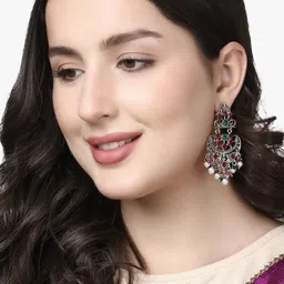 Sangria Silver-Plated Artificial Stones Studded & Pearls Beaded Classic Drop Earrings image 4