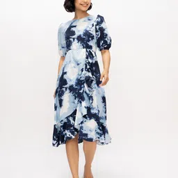 AASK Women Tie and Dye Print Puff Sleeve Crepe Fit & Flare Midi Dress image 4