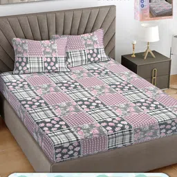 FABINALIV Pink & Grey Geometric 300 TC King Bedsheet with 2 Pillow Covers image 1