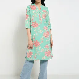 RANGMANCH BY PANTALOONS Floral Printed Mandarin Collar Pure Cotton Straight Kurta-image-79