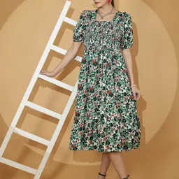 De La Moda Floral Print Puff Sleeve Crepe Fit & Flare Midi Dress-picture-26