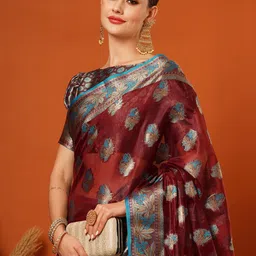 SILKWEAR Ethnic Motifs Zari Organza Banarasi Saree image 2