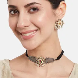 anouk Sangria german silver-gold plated & multicoloured stone studded choker jewellery set image 3