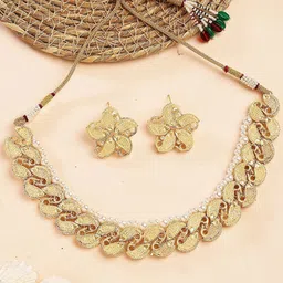 KARATCART Gold-Plated Polki Fish Shape Kundan Studded Necklace & Earring Set-picture-34