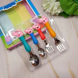 pearlgreen Pink Pig Family Cartoon Theme Spoon & Fork Set for Kids (2 Spoons + 2 Forks) Stainless Steel Table Spoon Set image 3