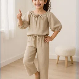 TALES & STORIES Girls Beige Solid Viscose Rayon Casual Co-ord Set-image-25