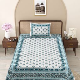 Myntra Elegant Homes White & Green Floral Cotton 210 TC Single BedsheetSet 1.52 m x 2.28 m-picture-35