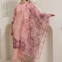 Indo Era Women Floral Embroidered Regular Thread Work Kurta with Trousers & With Dupatta image 2