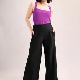 PURVAJA Women Textured Relaxed Straight Leg Loose Fit High-Rise Easy Wash Trousers image 2