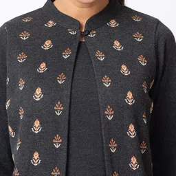 KEIKO Floral Woven Design Mandarin Collar Straight Kurta with Trousers image 2