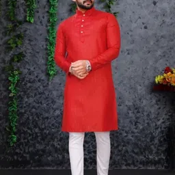 click n buy Men Solid Straight Kurta (Red)-picture-42