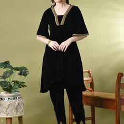 KALINI Women Regular Velvet Kurta with Dhoti Pants & With Dupatta image 5