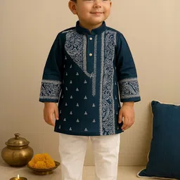 AHLAN APPARELS Boys Ethnic Motifs Embroidered Regular Thread Work Dupion Silk Kurta with Pyjamas image 1