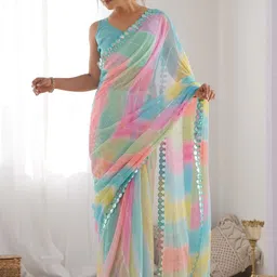 CaniBani Colourblocked Mirror Work Poly Georgette Saree-picture-22