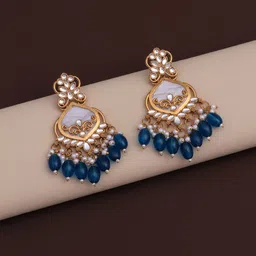 BELWICK Brass-Plated Kundan Studded And Pearls Beaded Contemporary Drop Earrings-picture-31