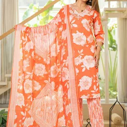 WILL BOTTOM Women Floral Printed Regular Pure Cotton Kurta with Trousers & With Dupatta-image-24
