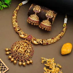 South Temple Jewellery Gold-Plated Artificial Stones Studded & Beaded Jewellery Set-picture-10