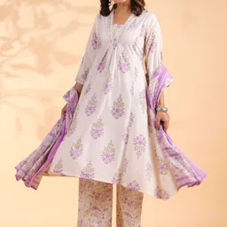 GULMEHAK Floral Printed V-Neck Pure Cotton Kurta With Palazzos & Dupatta image 5