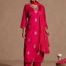 Janasya Women Floral Embroidered Regular Sequinned Kurta with Trousers & With Dupatta-image-81