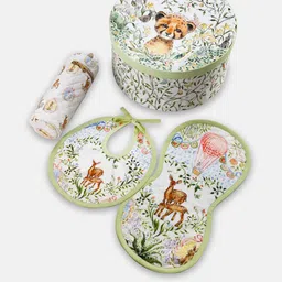 THE BABY TRUNK Infant Pack of 3 Green & White Printed Feeding Set image 3