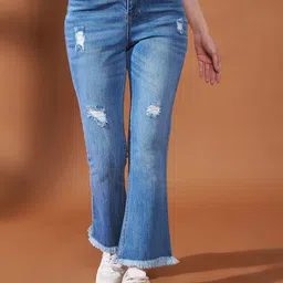 Novio Women Comfort Bootcut Mid-Rise Mildly Distressed Light Fade Ripped Stretchable Jeans-image-23