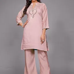 AUTUMN LANE Divya Salmon Mirror Work Embellished Mandarin Collar Tunic With Trouser-picture-32