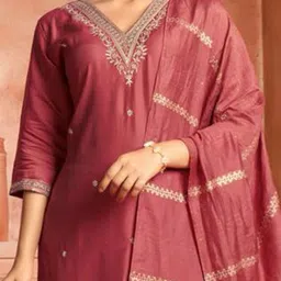 KALINI Ethnic Motifs Embroidered Thread Work Pure Cotton Kurta with Palazzo & Dupatta image 2